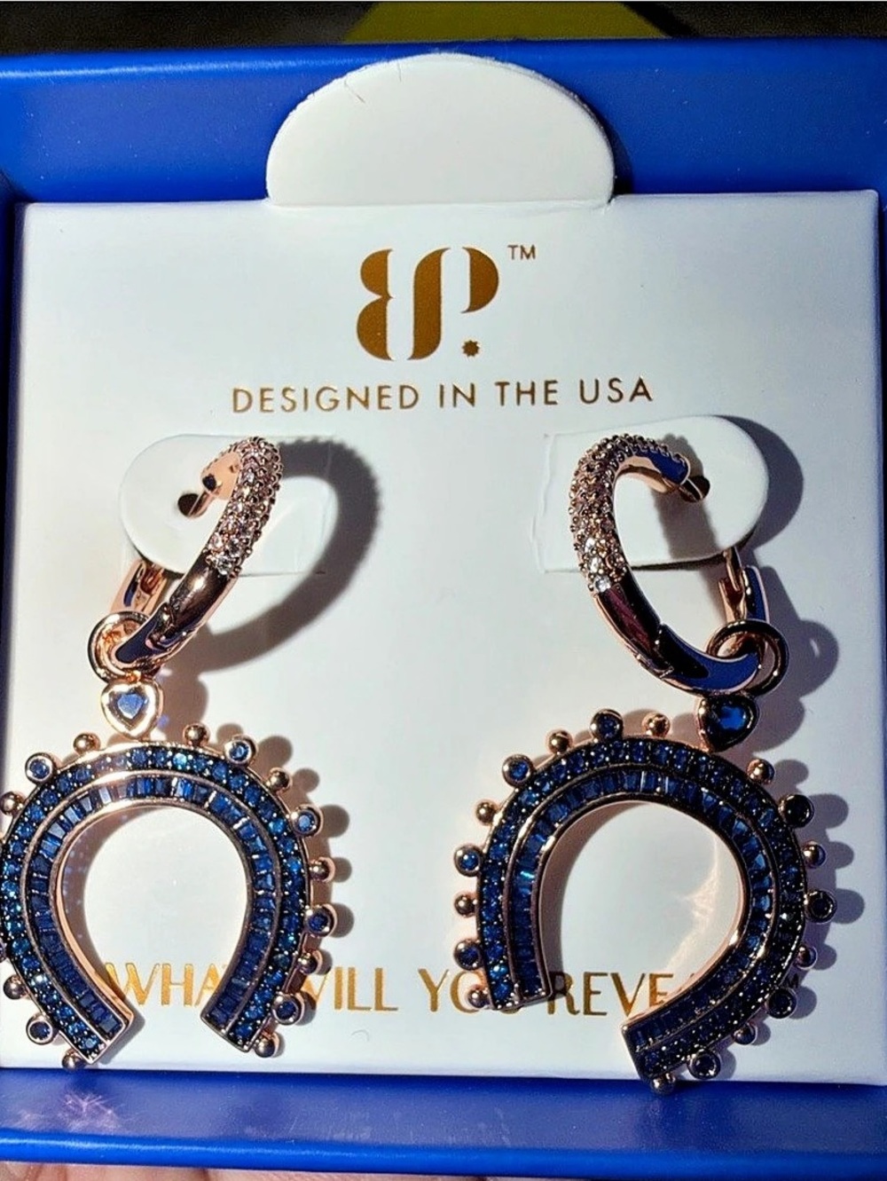 BP September Earrings-Main Character Drama Horseshoe Sapphire on Rose Gold